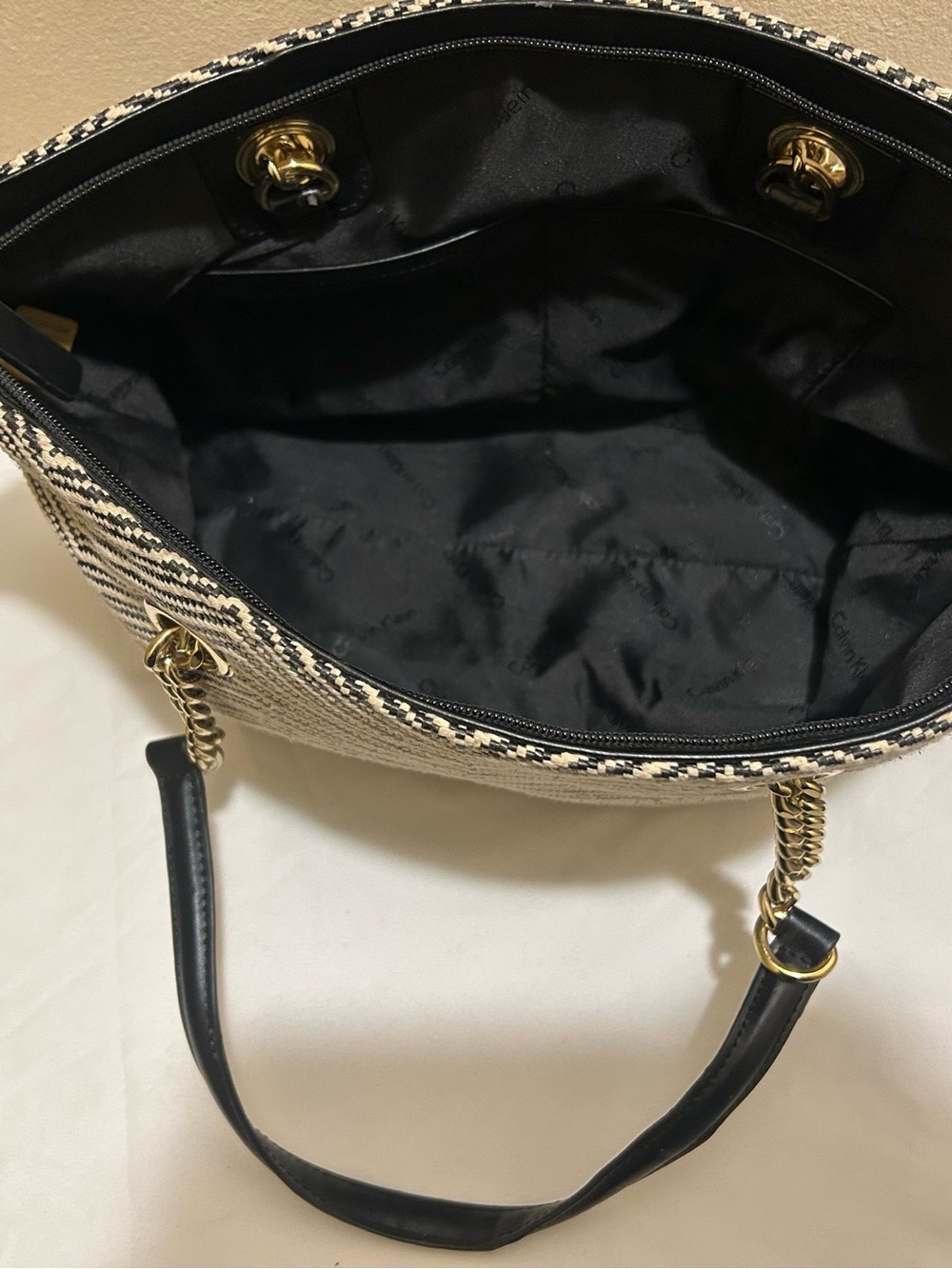 Calvin Klein Black and Natural Woven Tote with Gold Chain Handles